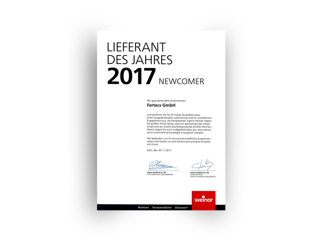 Vorschaubild von dem Zertifikat Lieferant des Jahres 2017 von Weinor. FERTECS GmbH